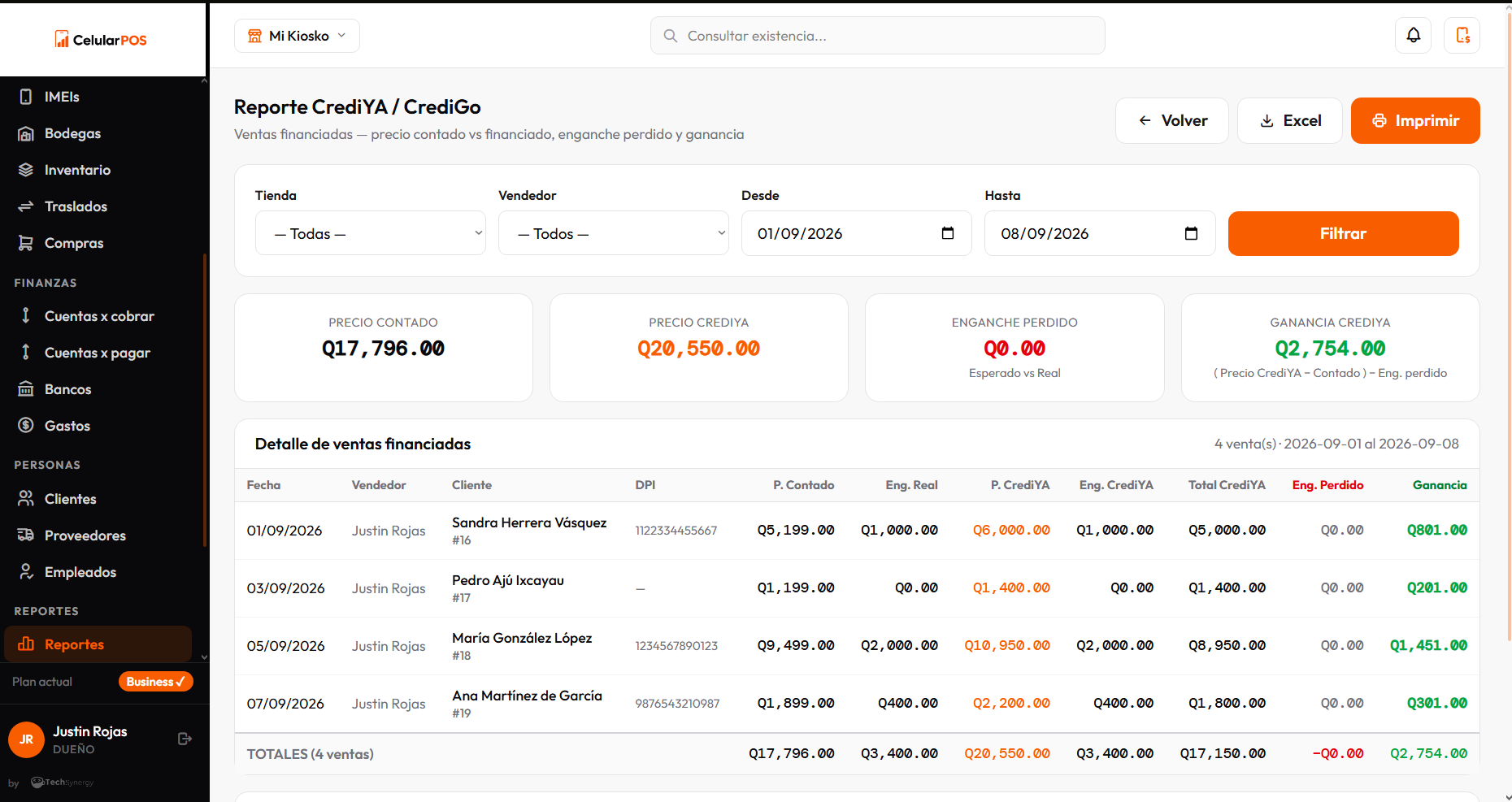 Módulo CrediYA en CelularPOS — panel de ventas financiadas con enganche cobrado, saldo pendiente y estado por cliente